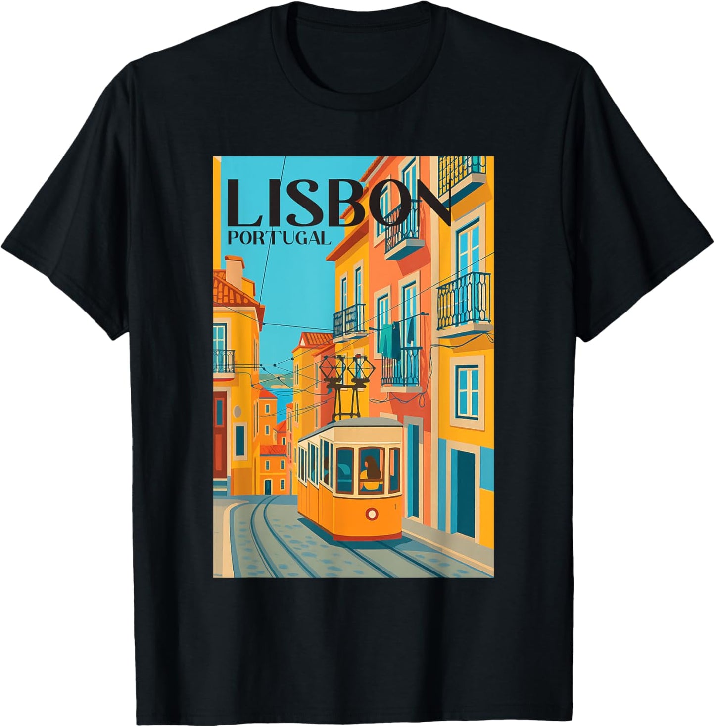 Lisbon Portugal Streetcar Retro Travel Art Vintage Europe T-Shirt - T-Shirt | Black
