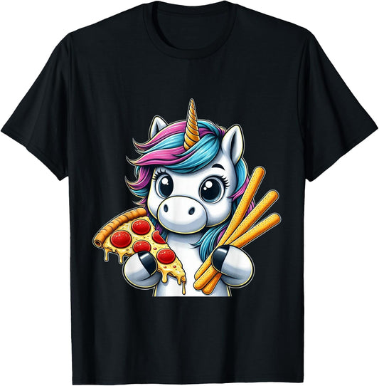 Unicorn Eating Pizza and Breadsticks Boys Girls Women Kids T-Shirt - T-Shirt | Black