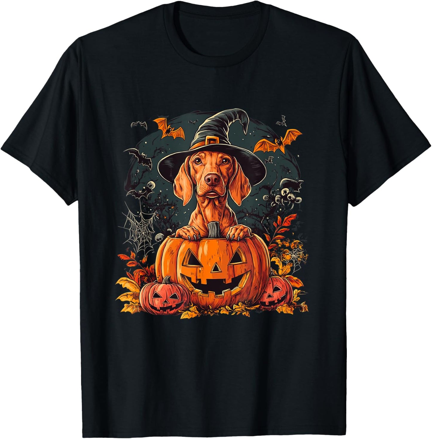 Vizsla Dog Pumpkin Halloween Thanksgiving T-Shirt - T-Shirt | Black