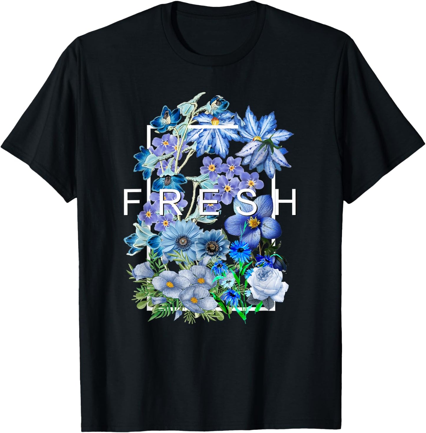 Blue Fresh Bloom Flowers Blue Color Graphic T-Shirt - T-Shirt | Black