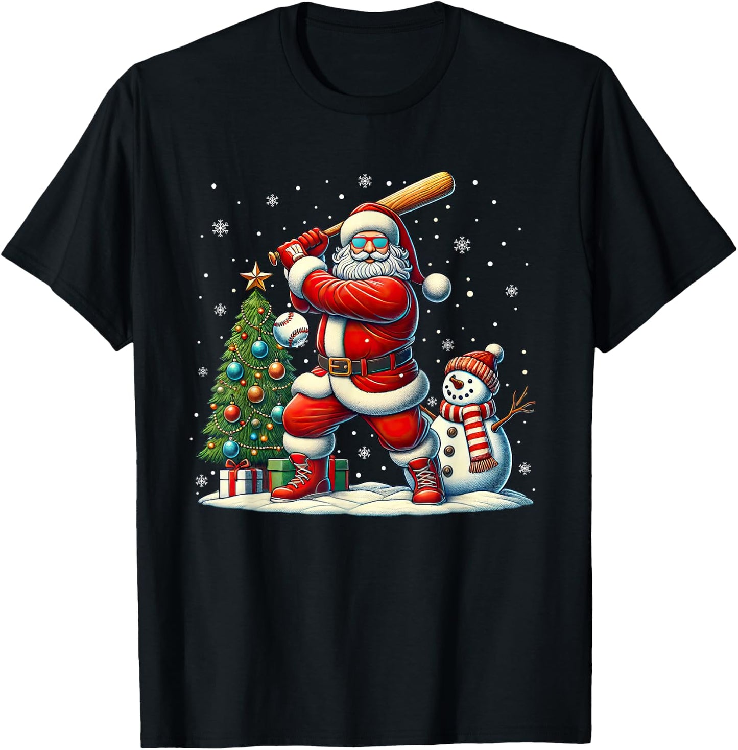 Funny Christmas Santa Playing Baseball Xmas Boys Men Kids T-Shirt - T-Shirt | Black