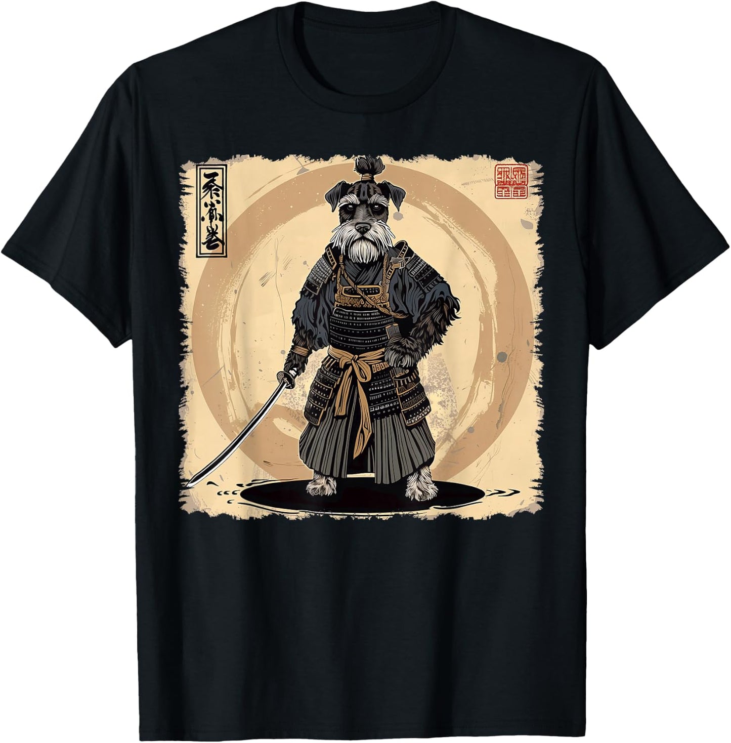 Schnauzer Dog Japanese Art Samurai Ukiyo-e Vintage T-Shirt - T-Shirt | Black