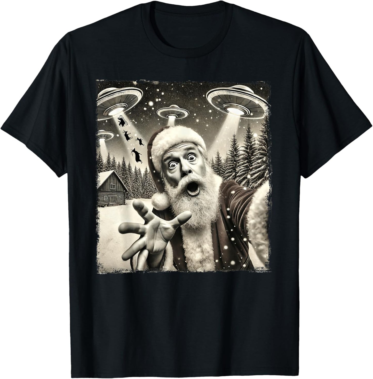 Funny Santa Claus UFO Abduction Christmas Sleigh Reindeer T-Shirt - T-Shirt | Black