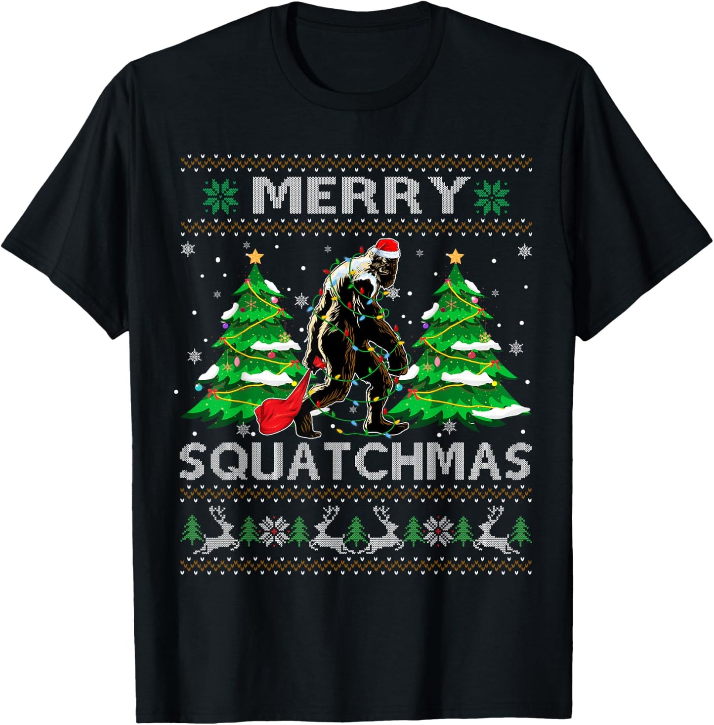 Merry Squatchmas Santa Bigfoot Sasquatch Ugly Xmas Sweater T-Shirt - T-Shirt | Black