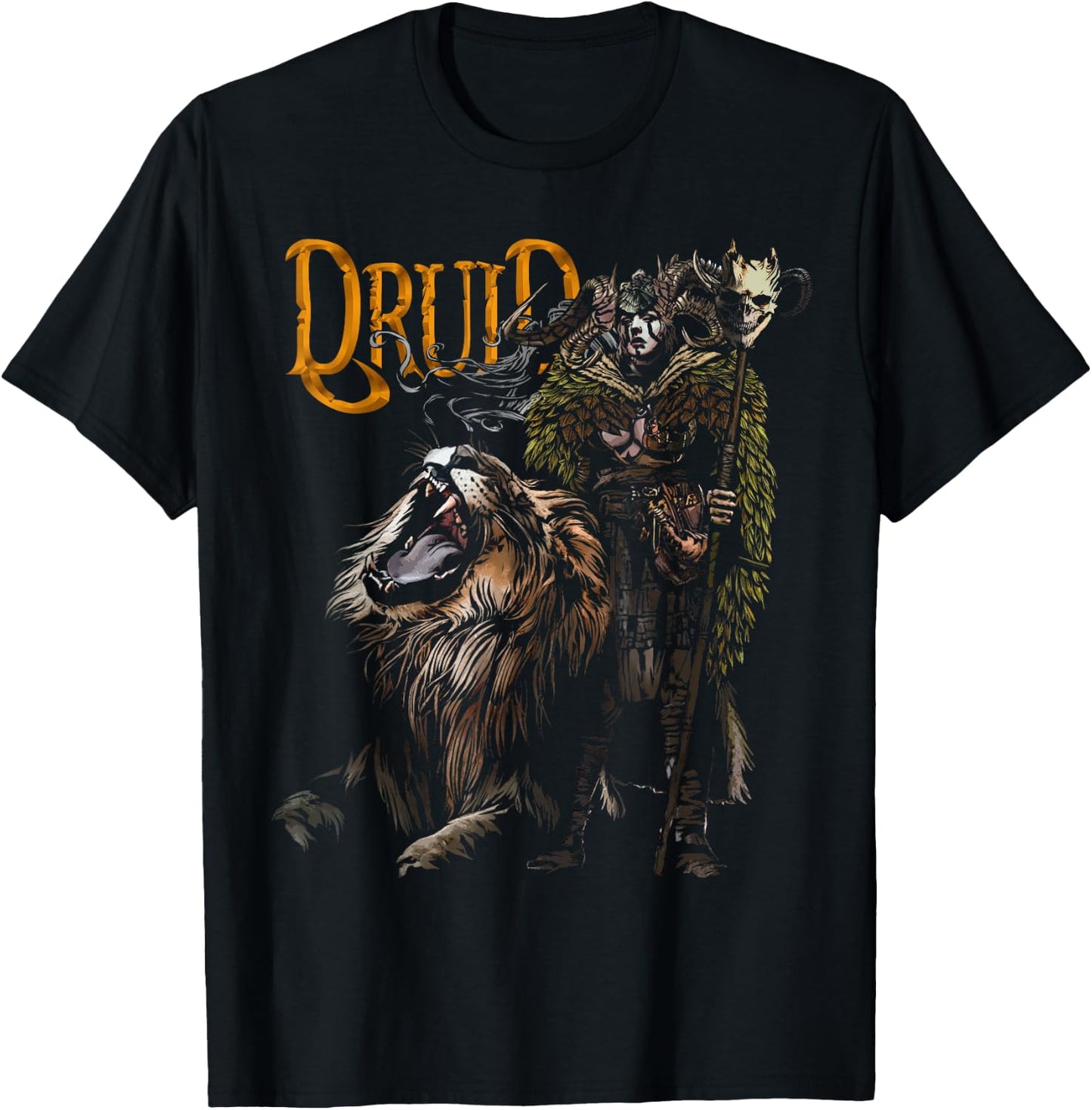 Druid with Lion D20 Fantasy Tabletop RPG Roleplaying Gamer T-Shirt - T-Shirt | Black