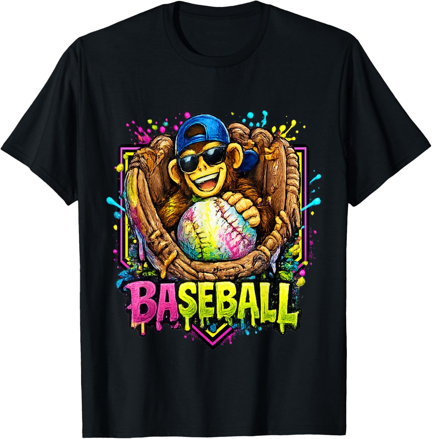 Monkey Funny Animals Baseball Ice Cream Drip Cool T-Shirt - T-Shirt | Black