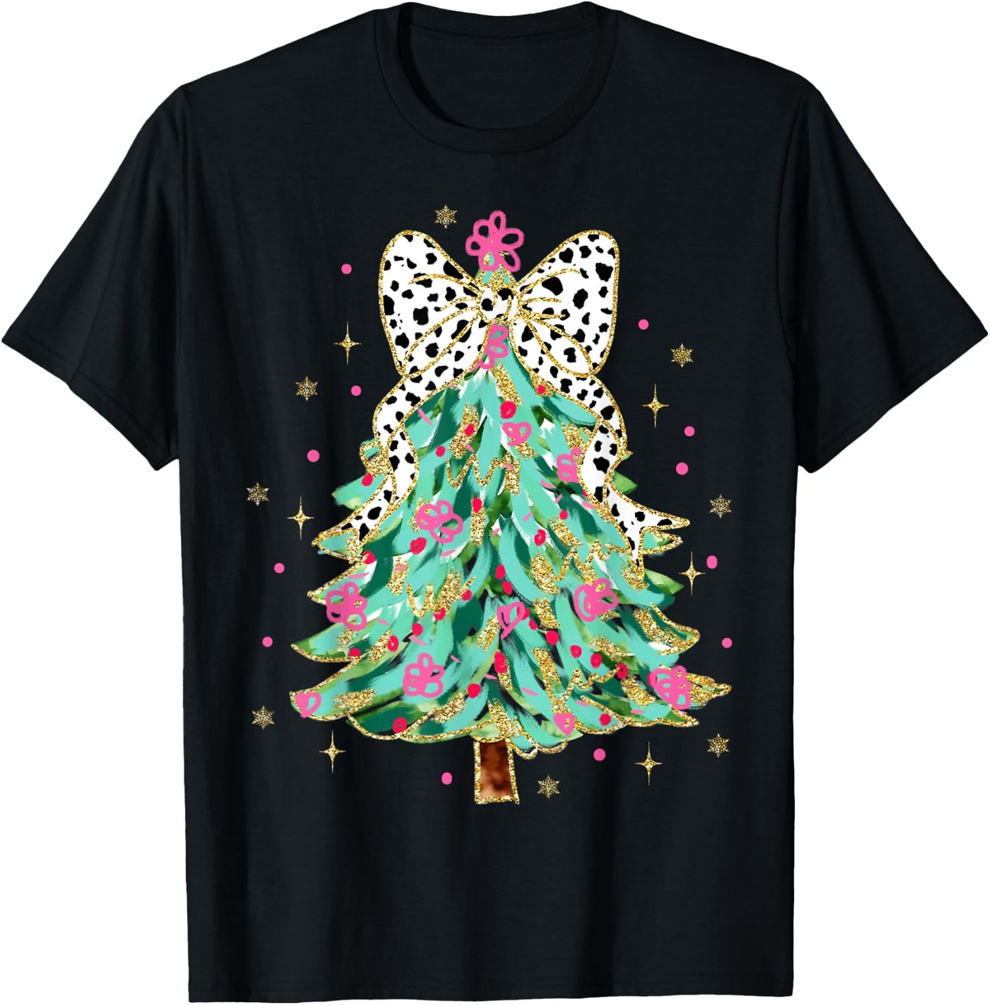 Colorful Coquette Bow Christmas Tree Florals Cute Girly Xmas T-Shirt - T-Shirt | Black