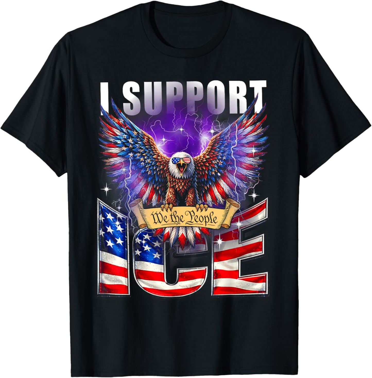 I Support ICE Vintage US Flag Patriotic T-Shirt - T-Shirt | Black