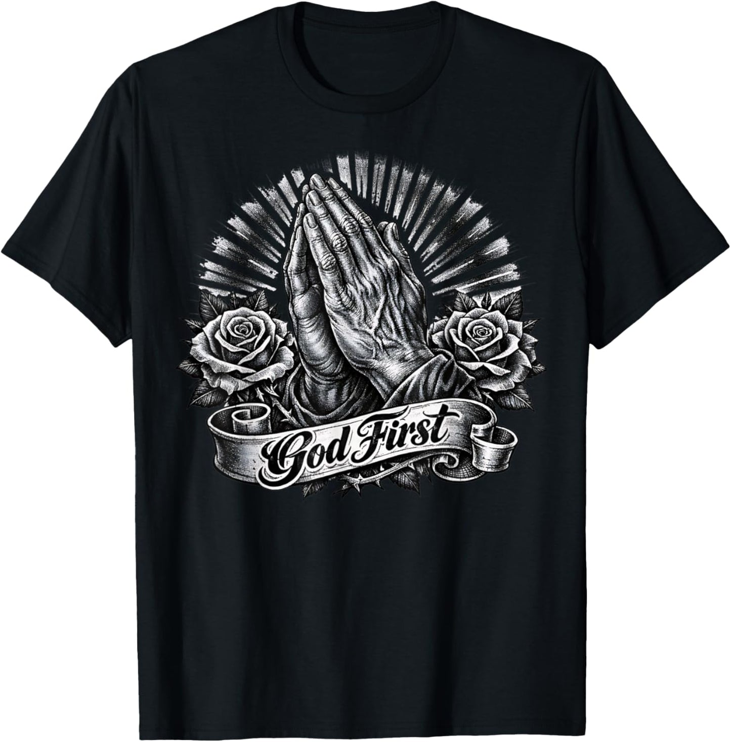 God First Praying Hands Chicano Art Spanish Christian Faith T-Shirt - T-Shirt | Black