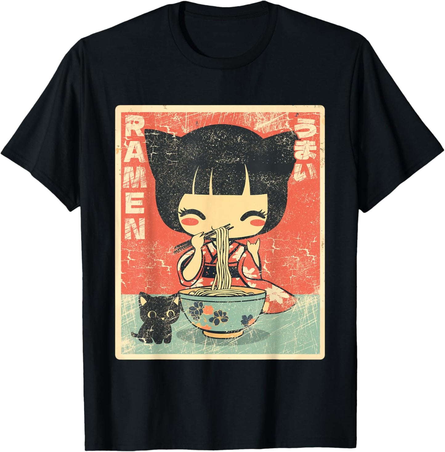 Japanese Kawaii Chibi Girl with Cat Ears Eating Ramen T-Shirt - T-Shirt | Black