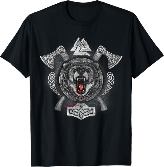 Viking Shirt with Axes Mjolnir Bear Valknut T-Shirt - T-Shirt | Black