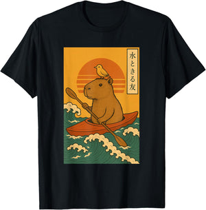 Capybara Kayak Retro Japanese Wave Poster Art T-Shirt - T-Shirt | Black