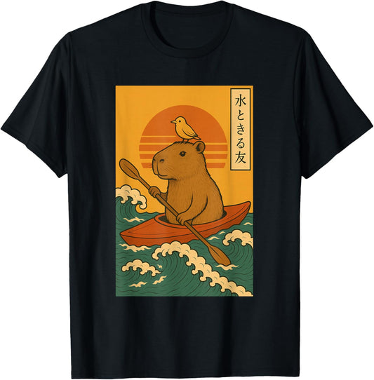 Capybara Kayak Retro Japanese Wave Poster Art T-Shirt - T-Shirt | Black