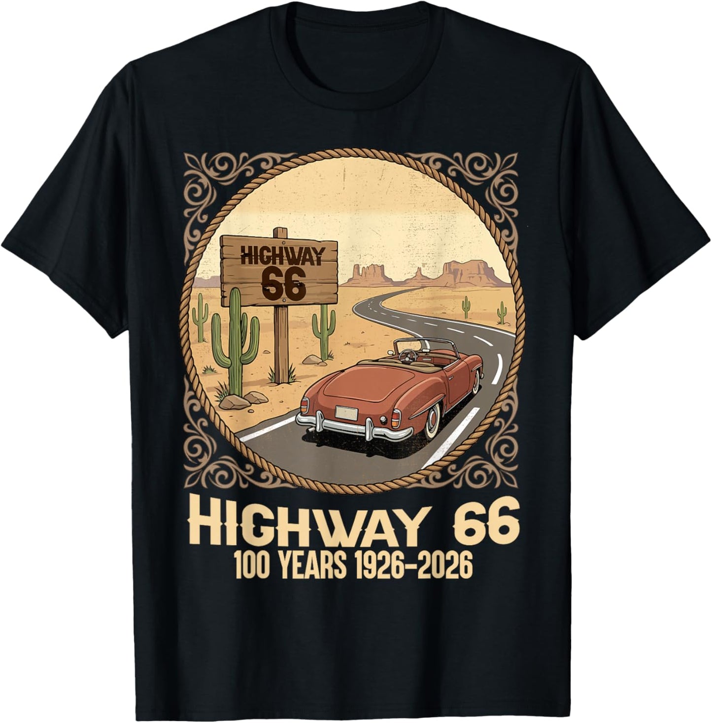 Highway 66 100 Years 1926-2026 Classic Car Lover Anniversary T-Shirt - T-Shirt | Black