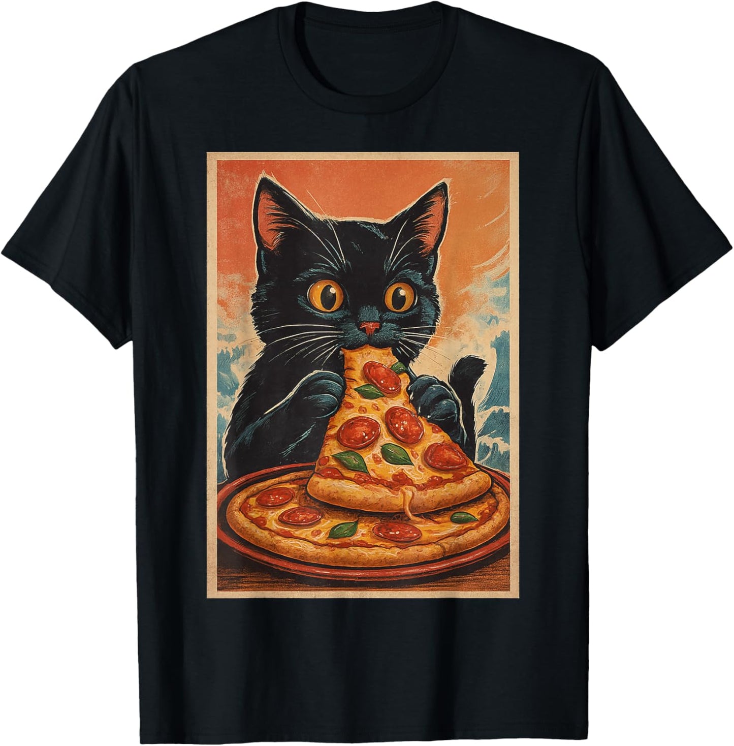 Funny Black Cat Eating Pizza Retro Japanese T-Shirt - T-Shirt | Black
