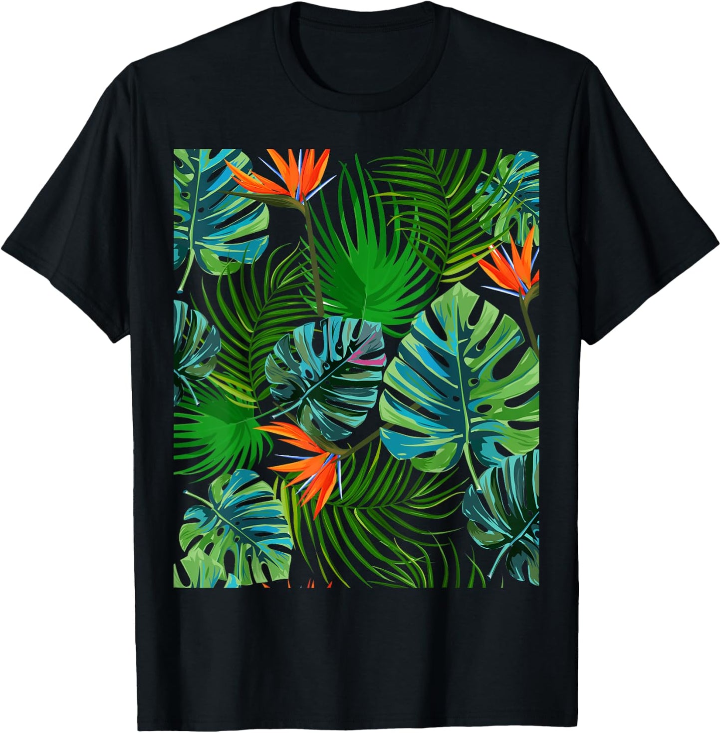 Birds of Paradise Tropical Floral Pattern Printed T-Shirt - T-Shirt | Black