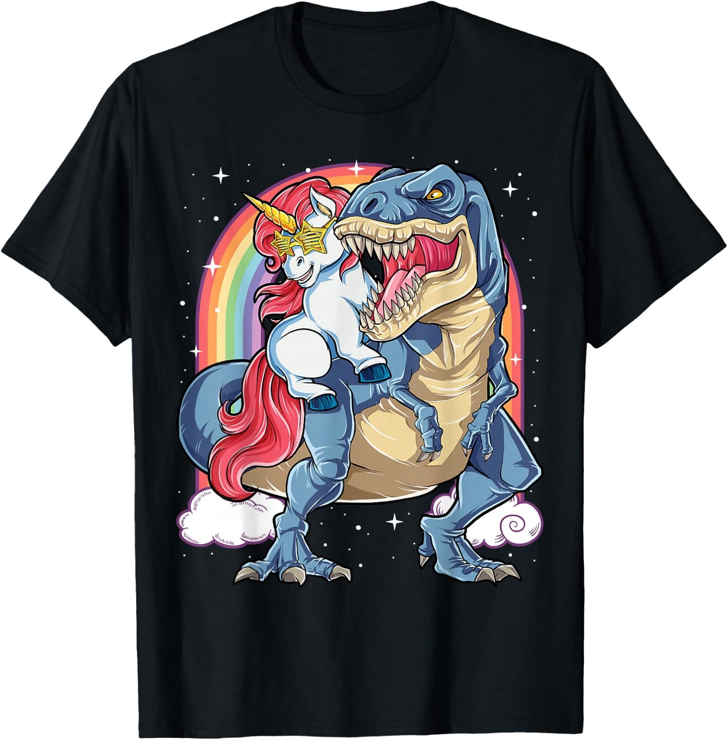 Unicorn Riding T rex Dinosaur Boys Girls Men Women Rainbow T-Shirt - T-Shirt | Black