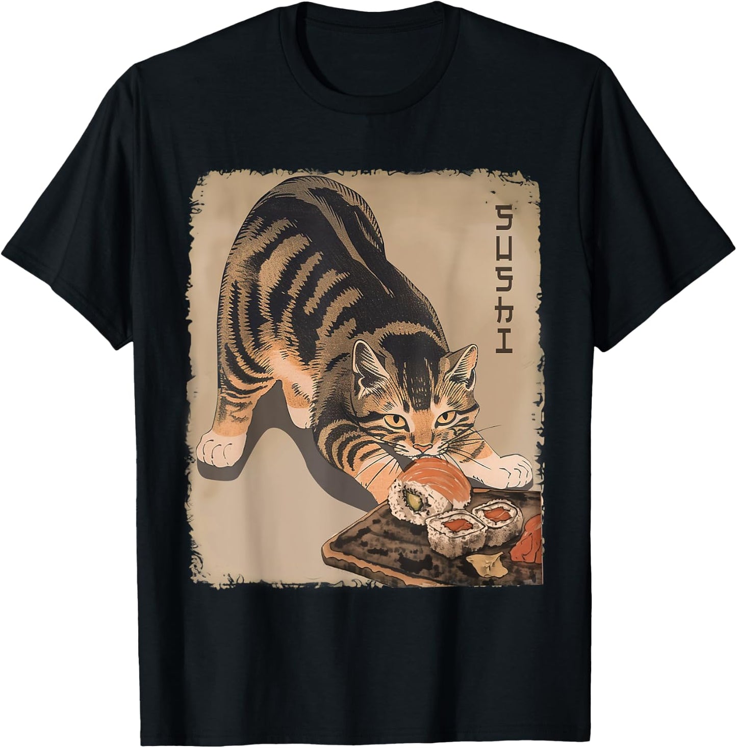 Kawaii Cat Eating Sushi Funny Japanese Anime Cute Cat Girls T-Shirt - T-Shirt | Black