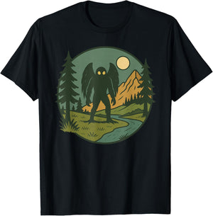 Mothman Retro Forest Creature with Mountains and River T-Shirt - T-Shirt | Black