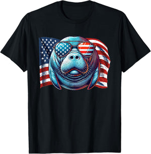 Vintage Manatee USA Flag Animals Lovers Patriotic Sunglasses T-Shirt - T-Shirt | Black