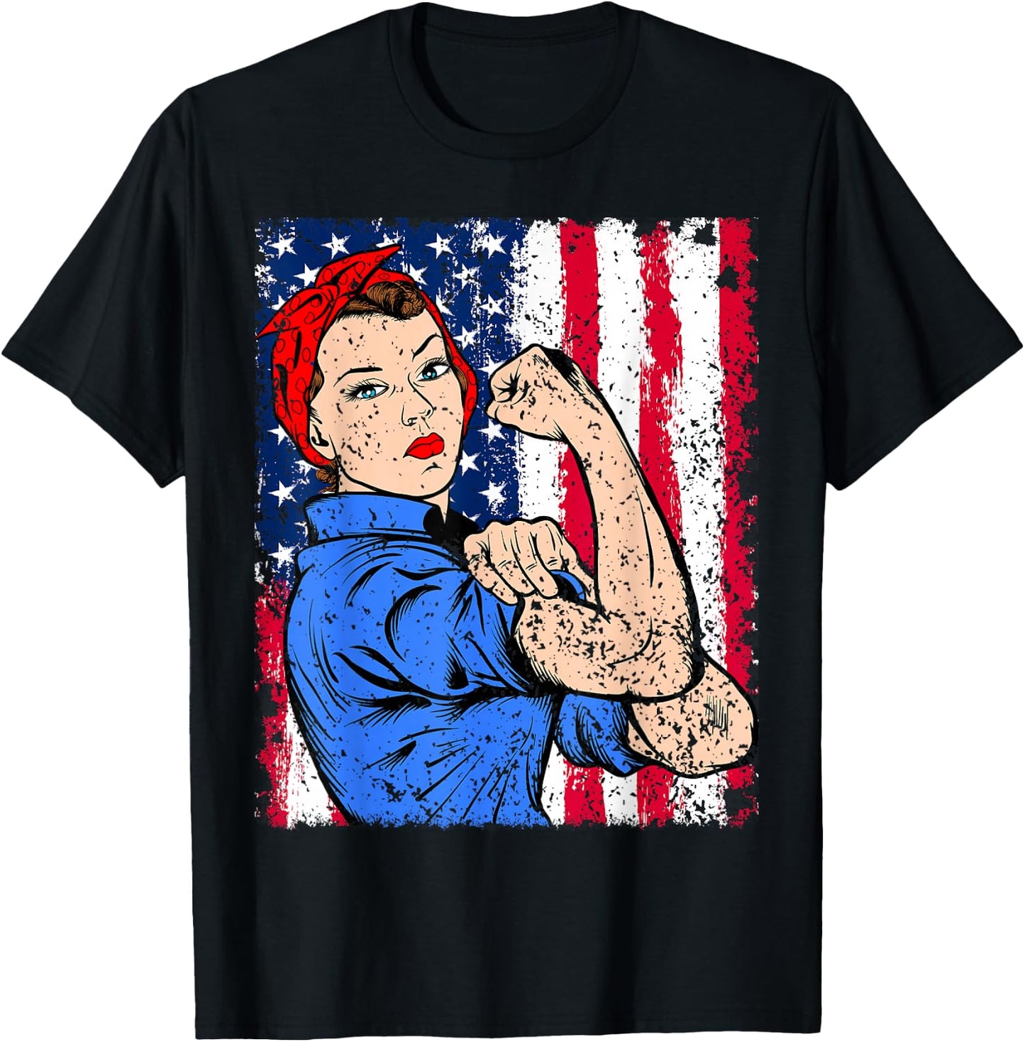 Rosie The Riveter Feminist Patriotic USA Flag 4th of July T-Shirt - T-Shirt | Black