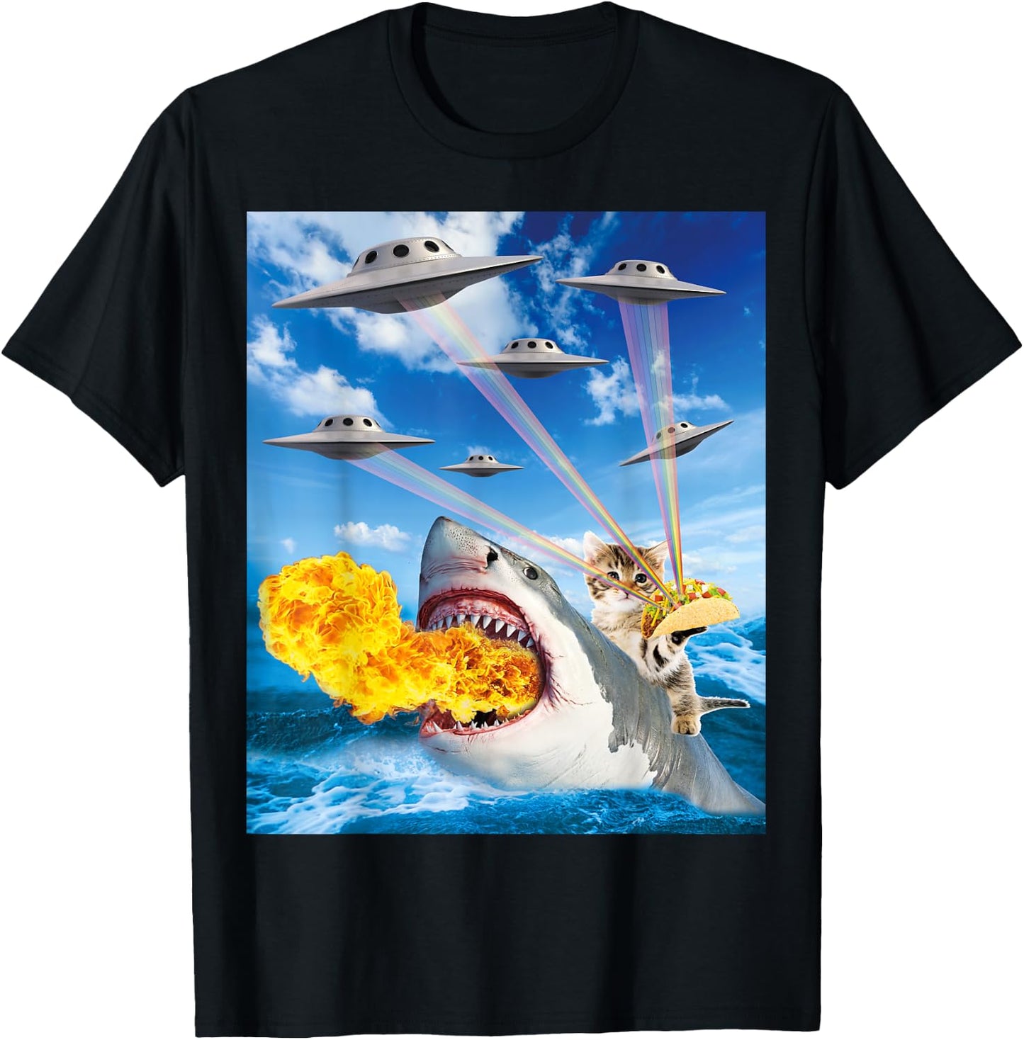 Cat Riding Fire Breathe Shark Rainbow Laser Taco T-Shirt - T-Shirt | Black
