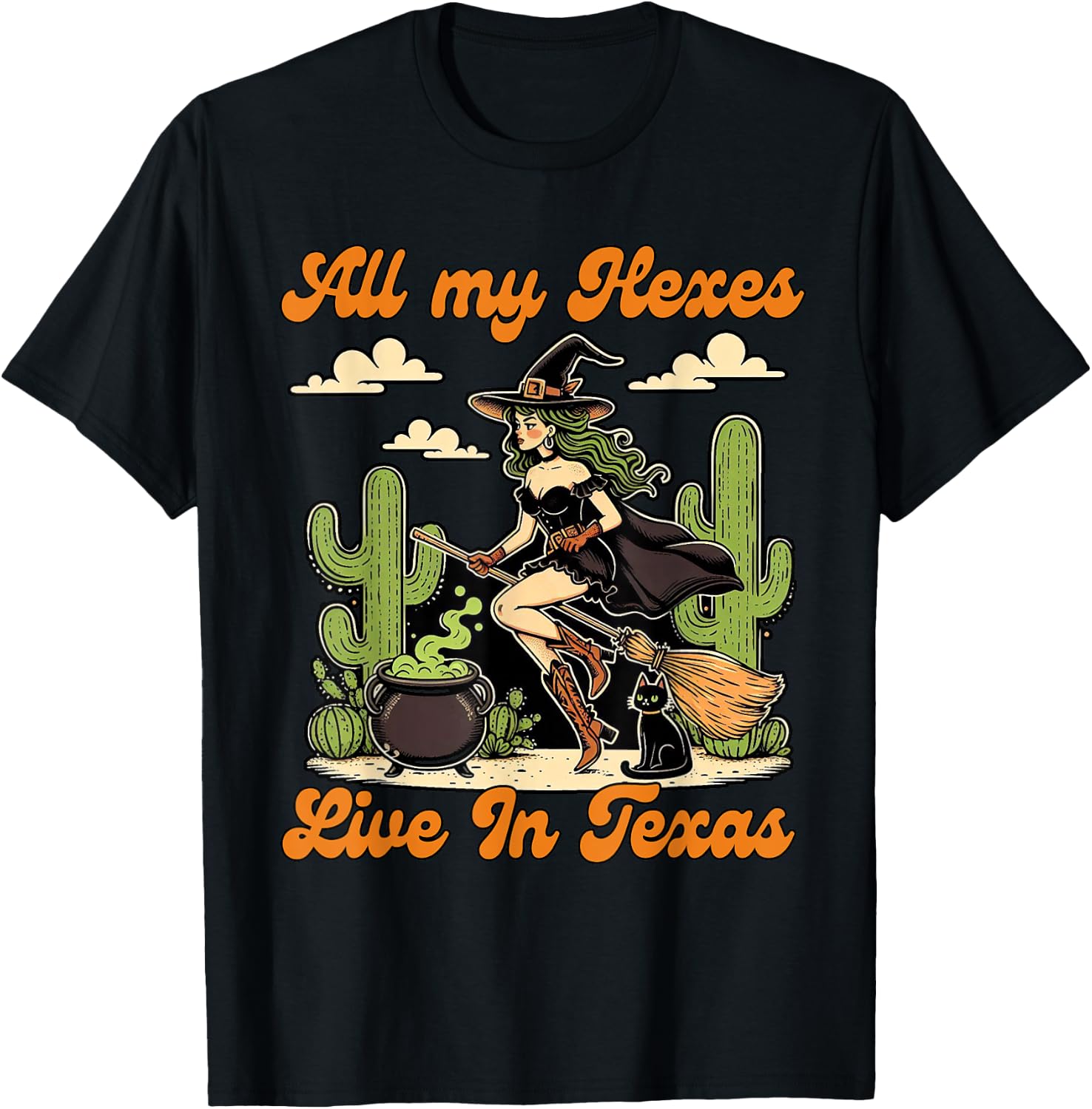 Western Halloween Cowgirl Witch All My Hexes Live In Texas T-Shirt - T-Shirt | Black