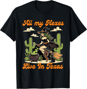 Western Halloween Cowgirl Witch All My Hexes Live In Texas T-Shirt - T-Shirt | Black