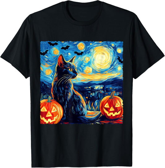 Cat Starry Night Van Gogh Cat Lover Bats Pumpkins Halloween Men Women Kids T-Shirt - T-Shirt | Black