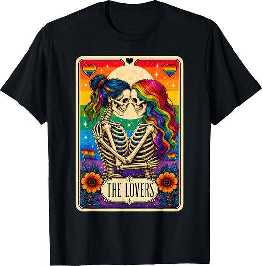 Tarot Card The Lovers Rainbow Kissing Lesbian Skeletons T-Shirt - T-Shirt | Black