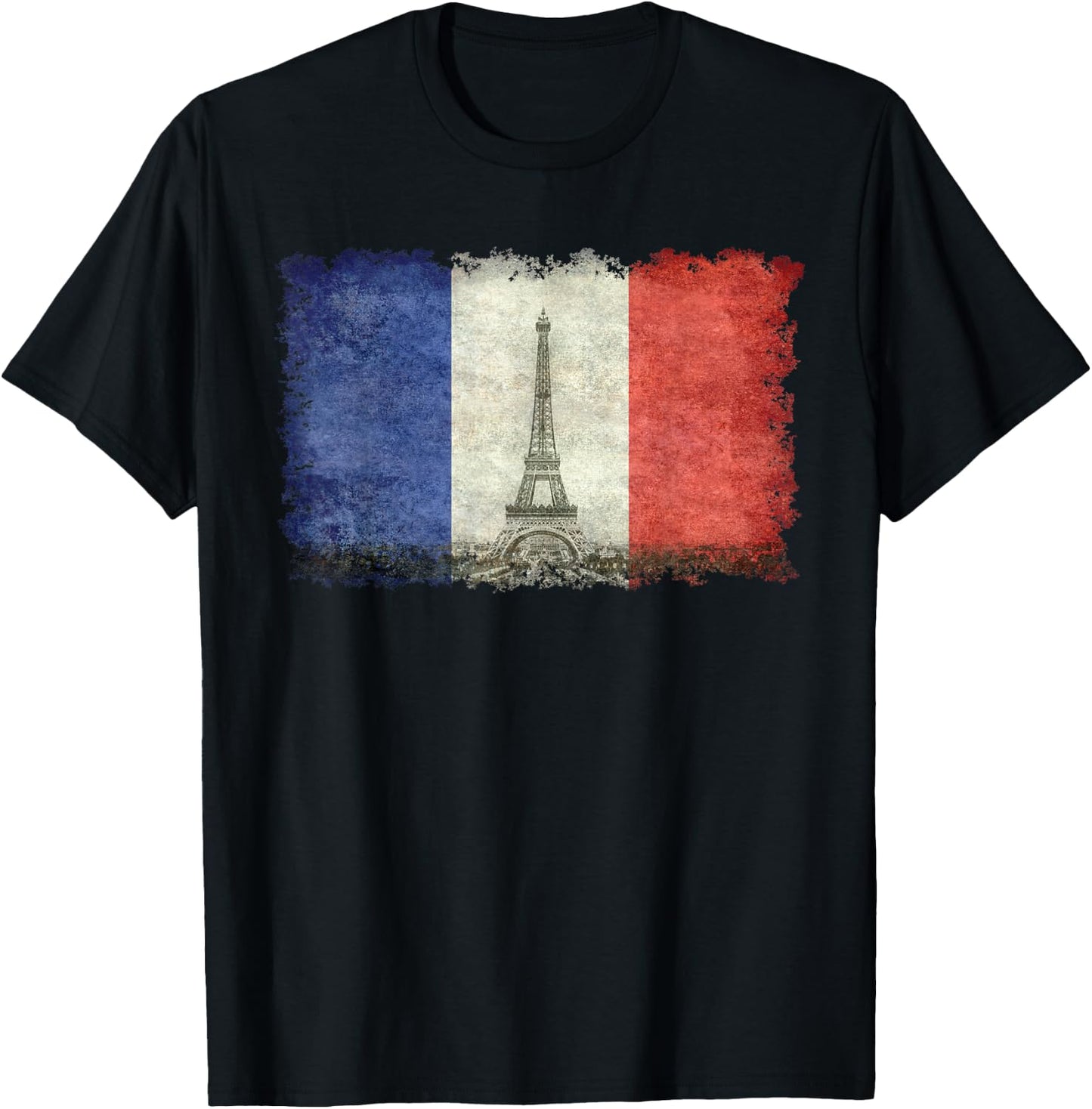French Flag Vintage Postcard Style with Eiffel Tower T-Shirt - T-Shirt | Black