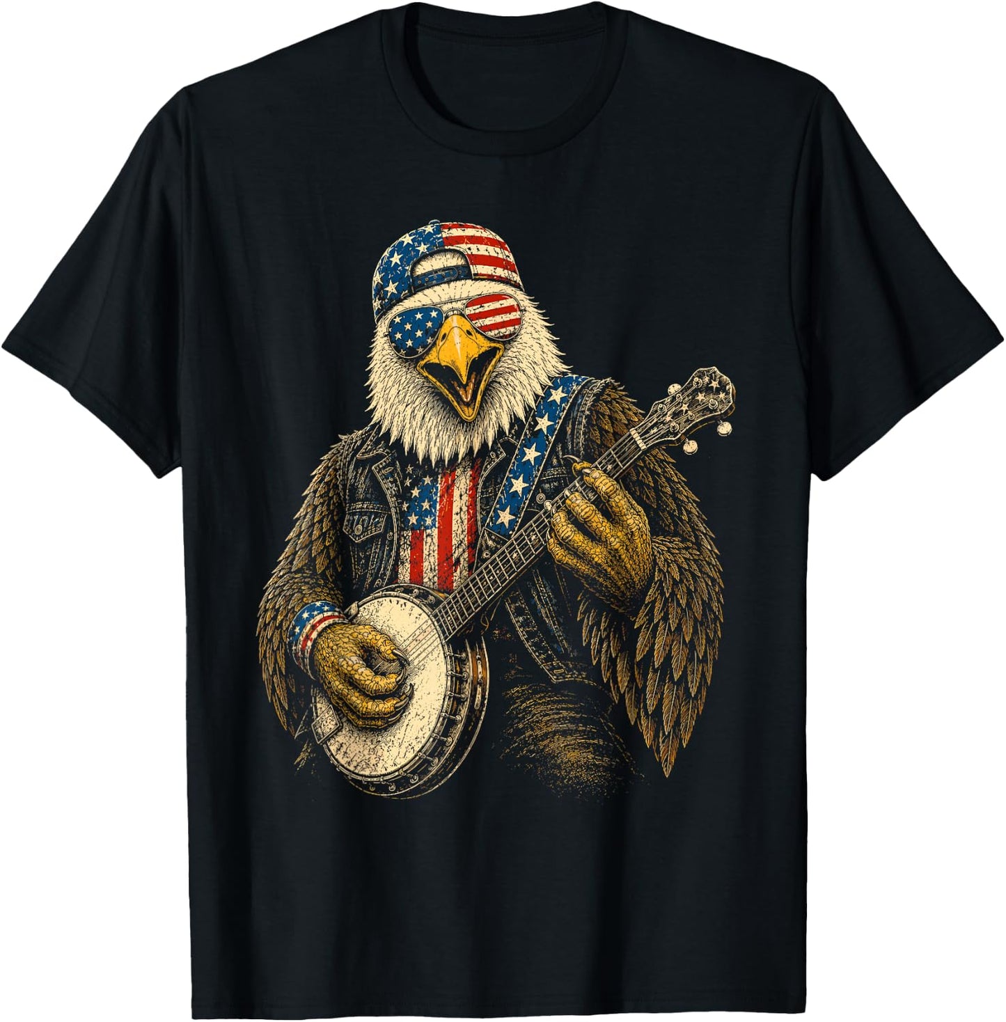 4th of July Patriotic Eagle Banjo 1776 2026 T-Shirt - T-Shirt | Black