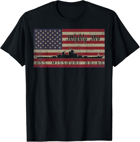 USS Missouri BB-63 Battleship Ship American Flag T-Shirt - T-Shirt | Black