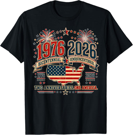 1976 Bicentennial Vs 2026 Semiquincentennial 4th of July T-Shirt - T-Shirt | Black