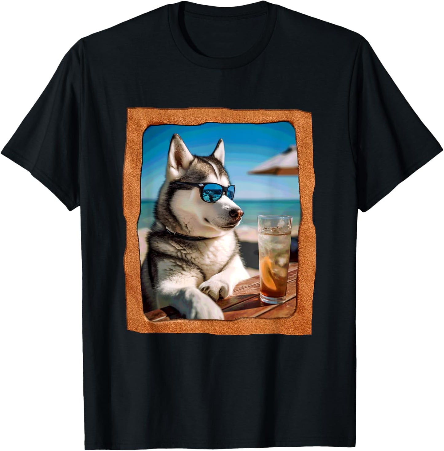 Husky with Sunglasses Enjoying Beach Time T-Shirt - T-Shirt | Black