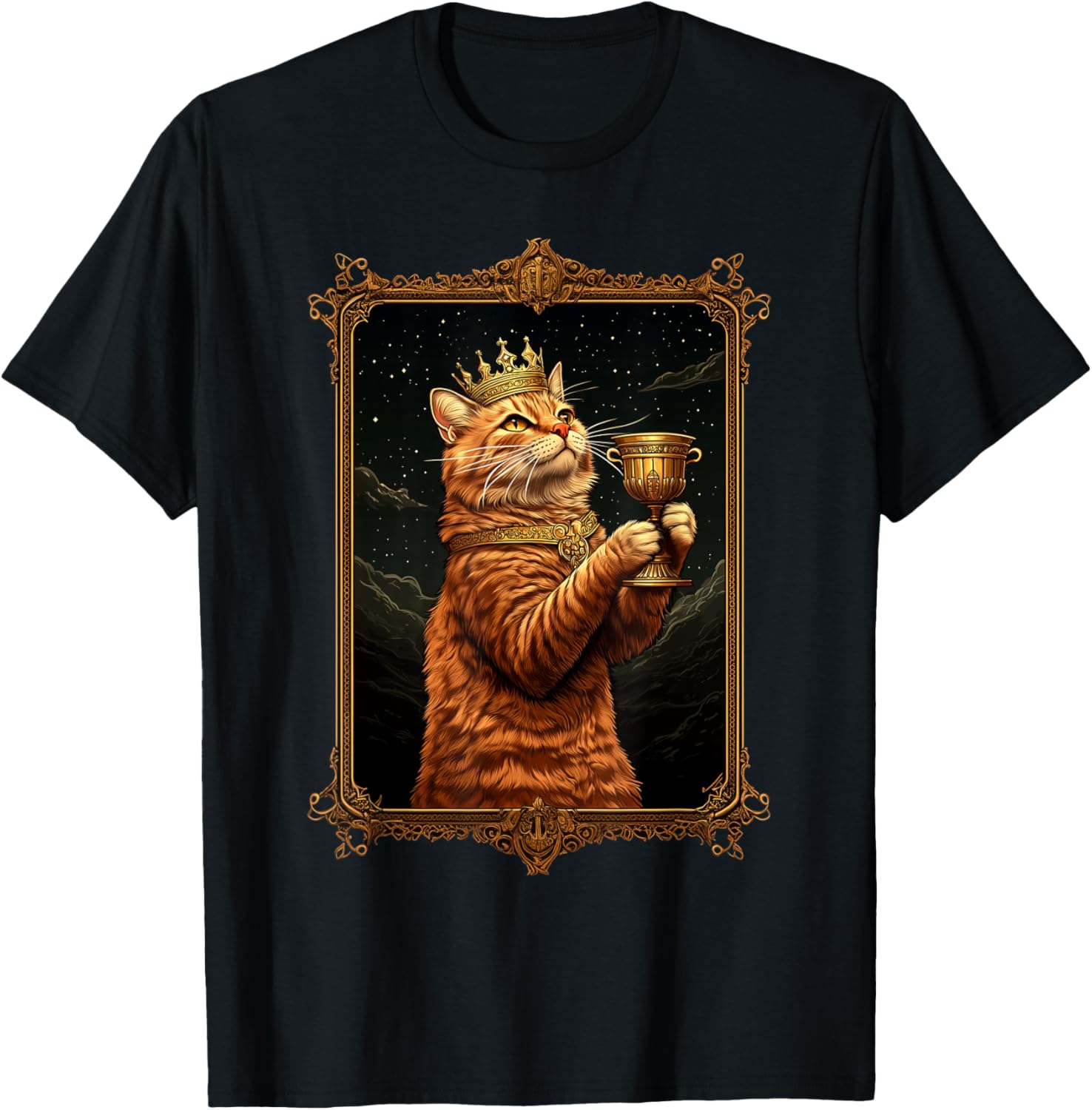 Funny Medieval Cat Lover Golden Frame Crown Portrait Artwork Men Women Kids T-Shirt - T-Shirt | Black