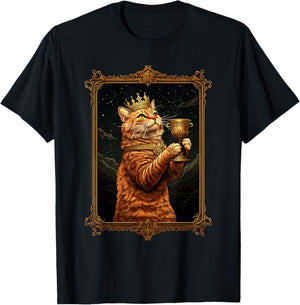 Funny Medieval Cat Lover Golden Frame Crown Portrait Artwork Men Women Kids T-Shirt - T-Shirt | Black