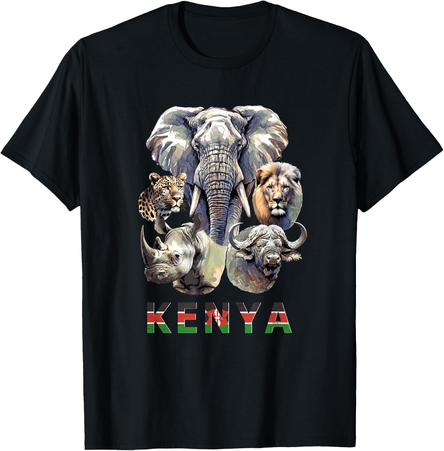 Kenya Big-Five Wildlife Watercolor for Safari Fans T-Shirt - T-Shirt | Black