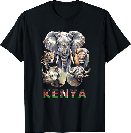 Kenya Big-Five Wildlife Watercolor for Safari Fans T-Shirt - T-Shirt | Black
