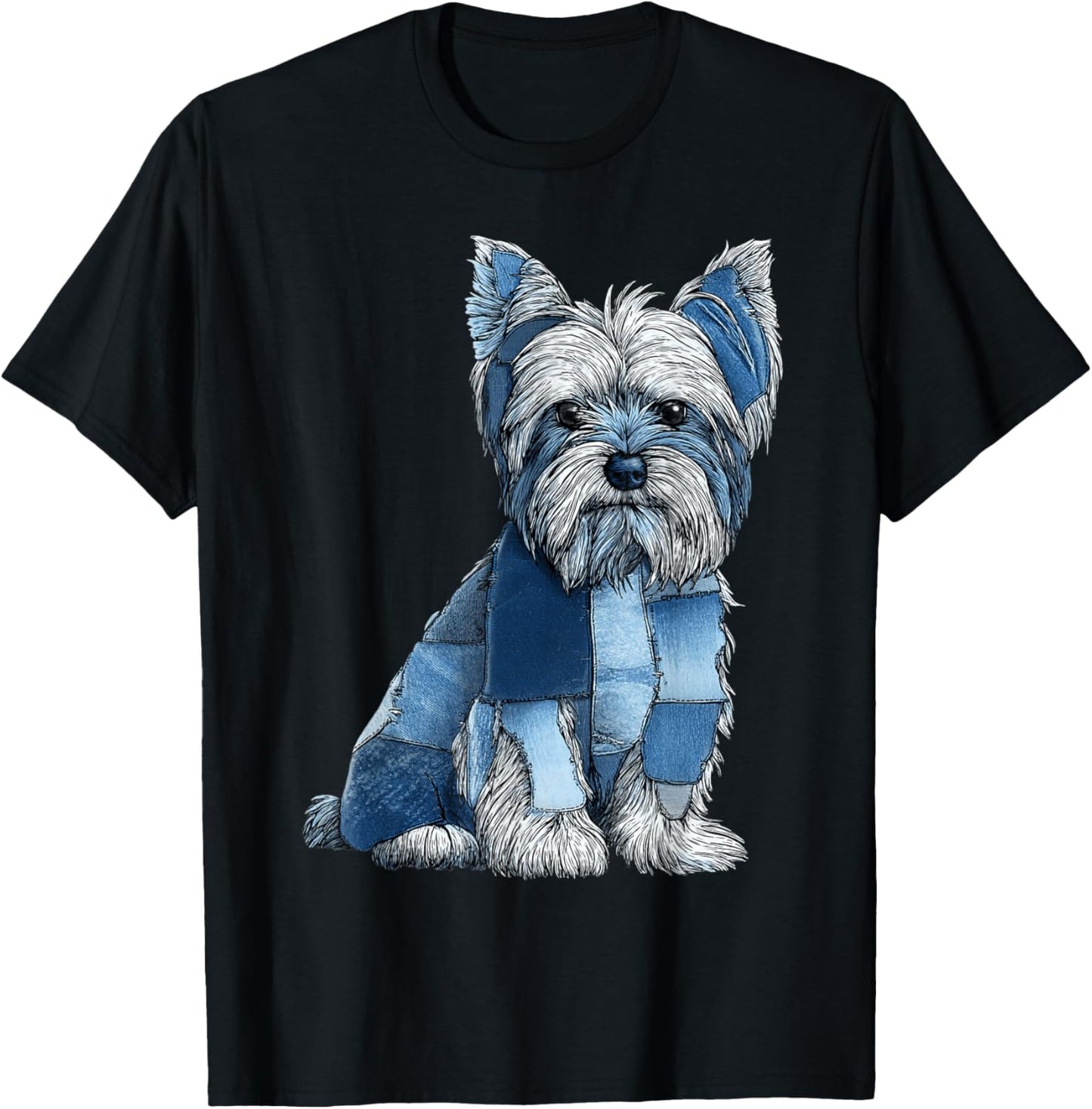 Funny Yorkshire Terrier Blue Denim Patchwork Graphic Animal T-Shirt - T-Shirt | Black