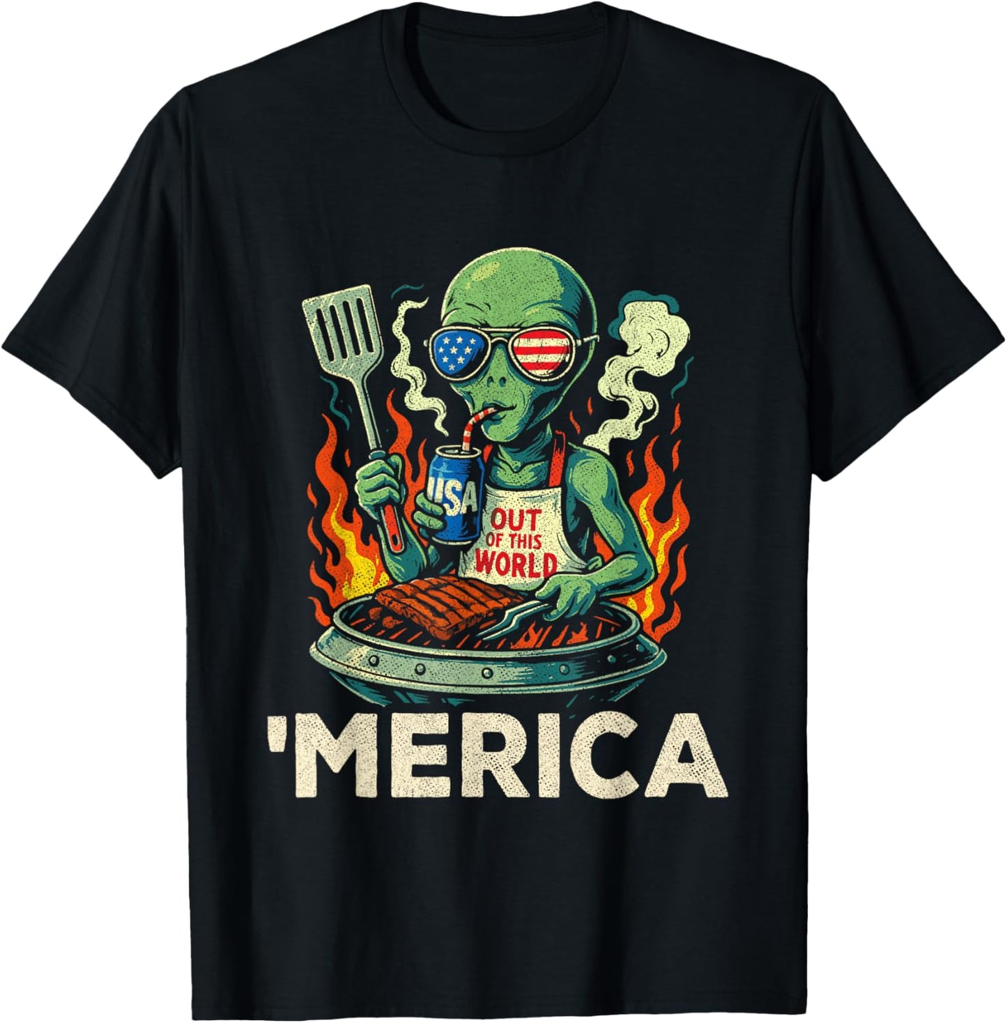 4th of July American Alien Grill - Merica USA - Funny Alien T-Shirt - T-Shirt | Black
