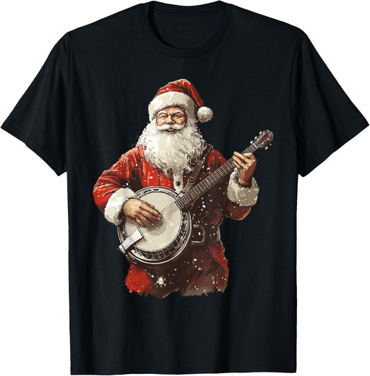 Santa Playing Banjo Funny Bluegrass Banjo Player Christmas T-Shirt - T-Shirt | Black