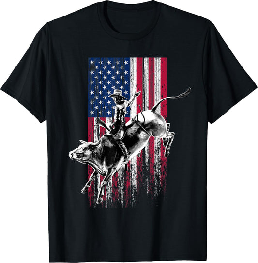 Rodeo Bull Rider Patriotic American Flag for Cowboys T-Shirt - T-Shirt | Black