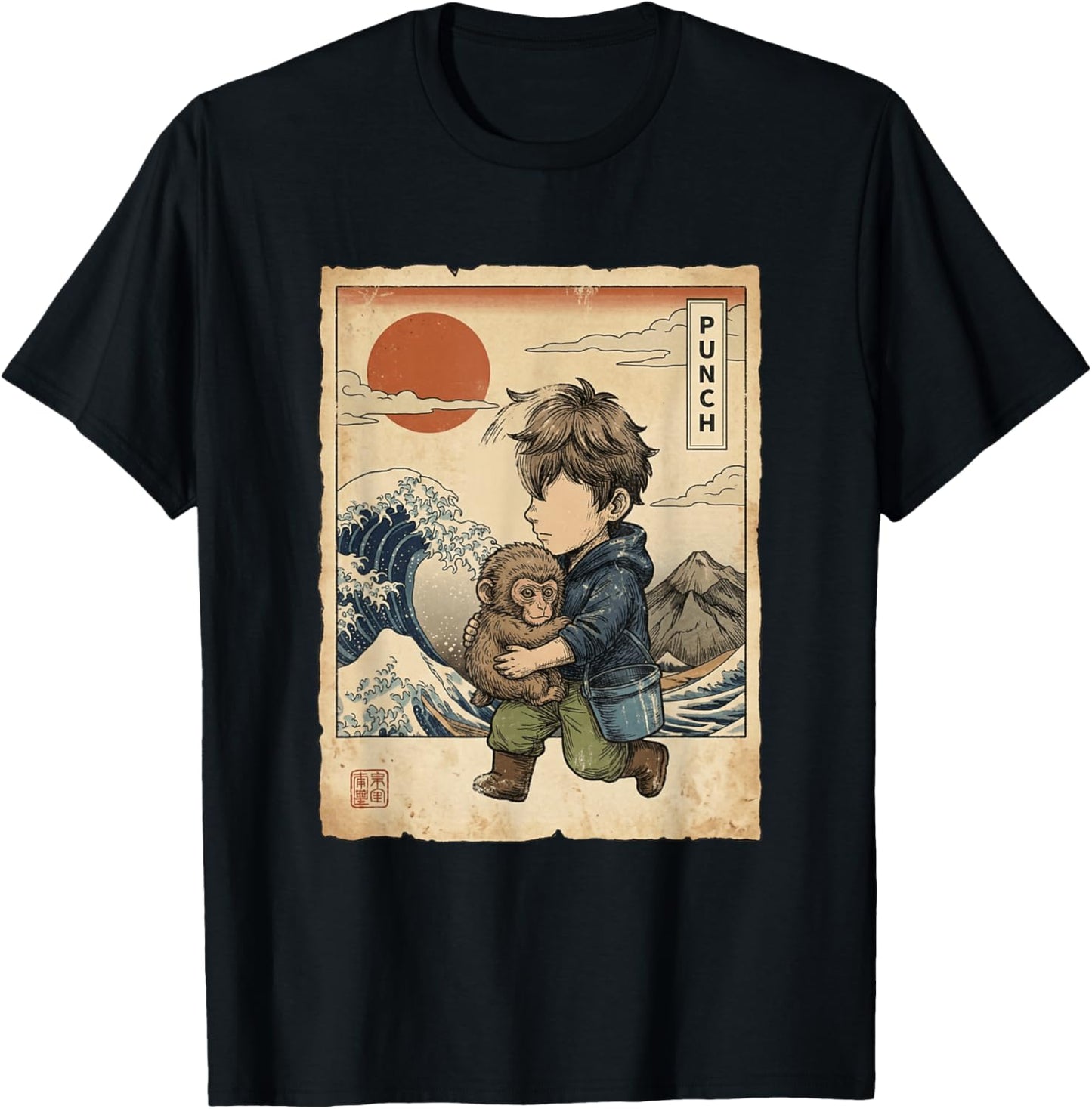 Kawaii Money Punch Kosuke Shikano Japanese Macaque Ukiyo-e T-Shirt - T-Shirt | Black