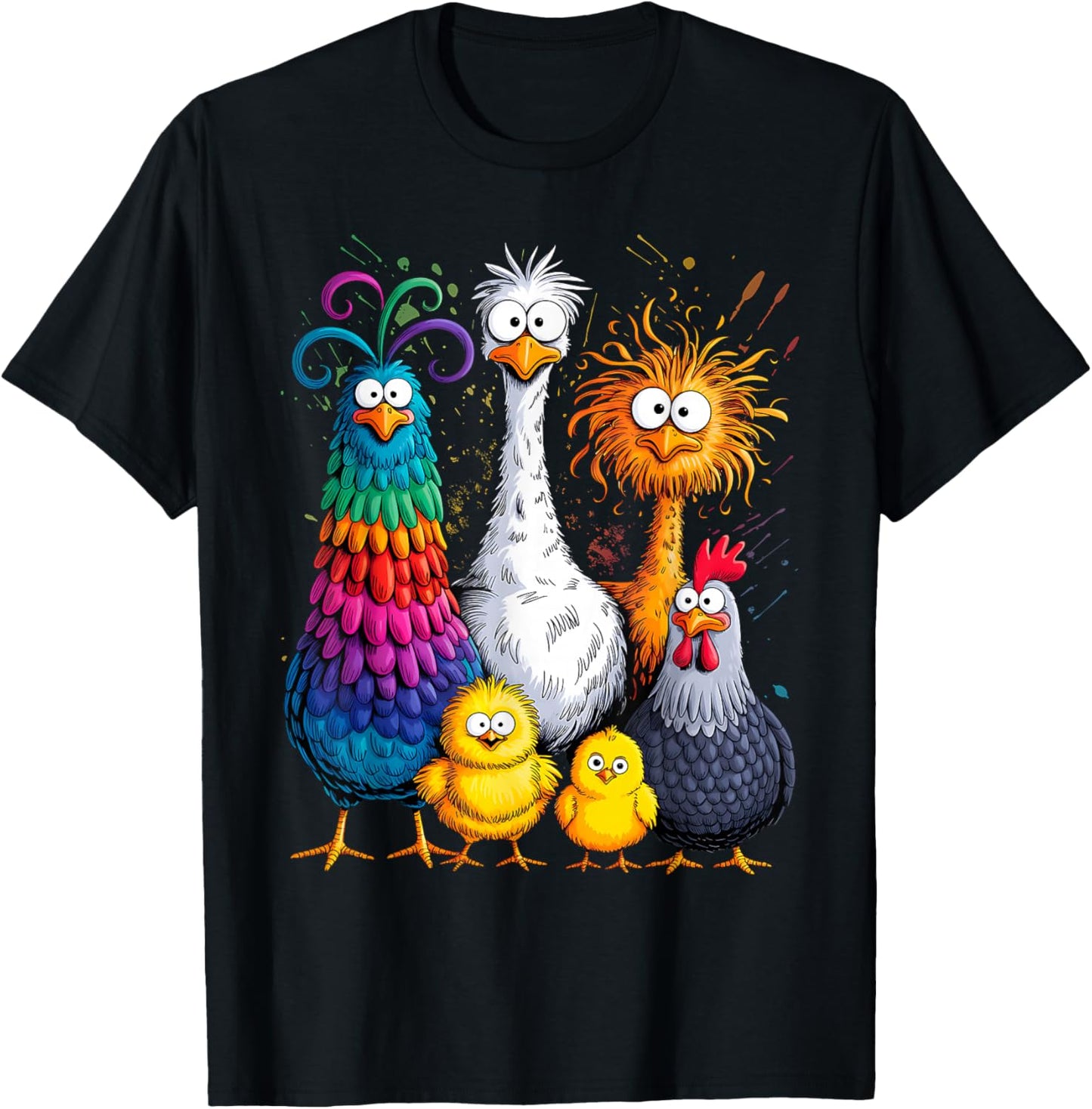 Eagerlys Colorful Funny Chicken Art, Crazy Family T-Shirt - T-Shirt | Black