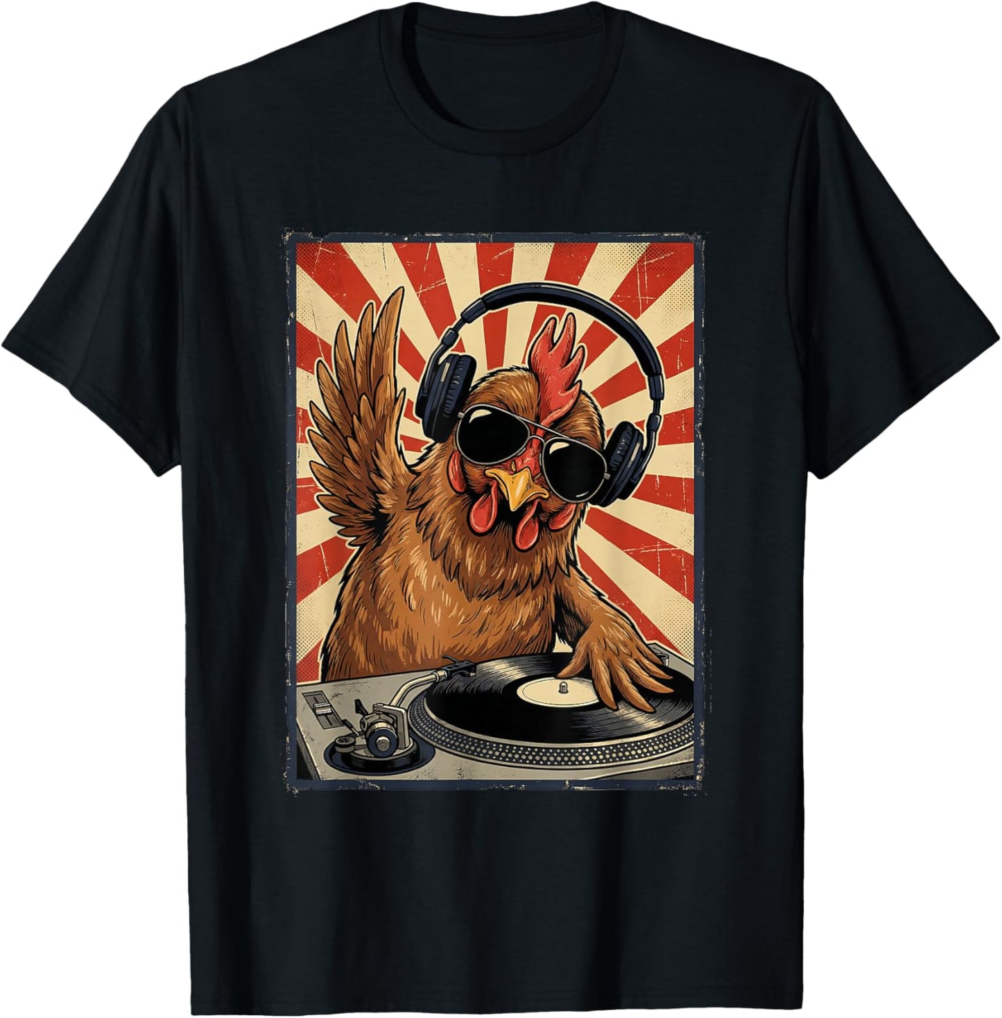 Cool Retro Chicken DJ Funny Rooster Music Men Women Kids T-Shirt - T-Shirt | Black