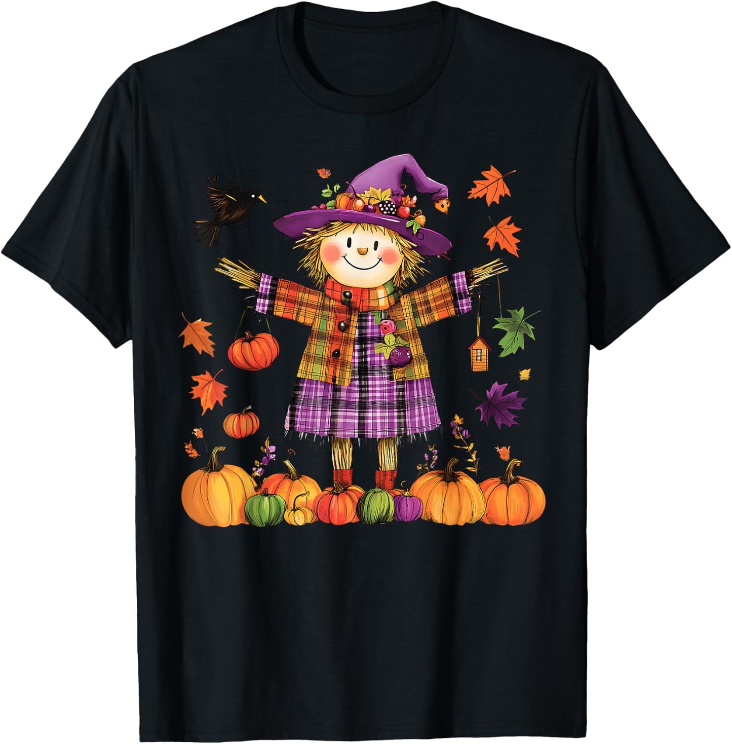Scarecrow Happy Fall Y'all Pumpkin Thanksgiving Halloween T-Shirt - T-Shirt | Black