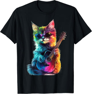 Cool Rainbow Cat Guitar Music Lover Design for Cat Lovers T-Shirt - T-Shirt | Black
