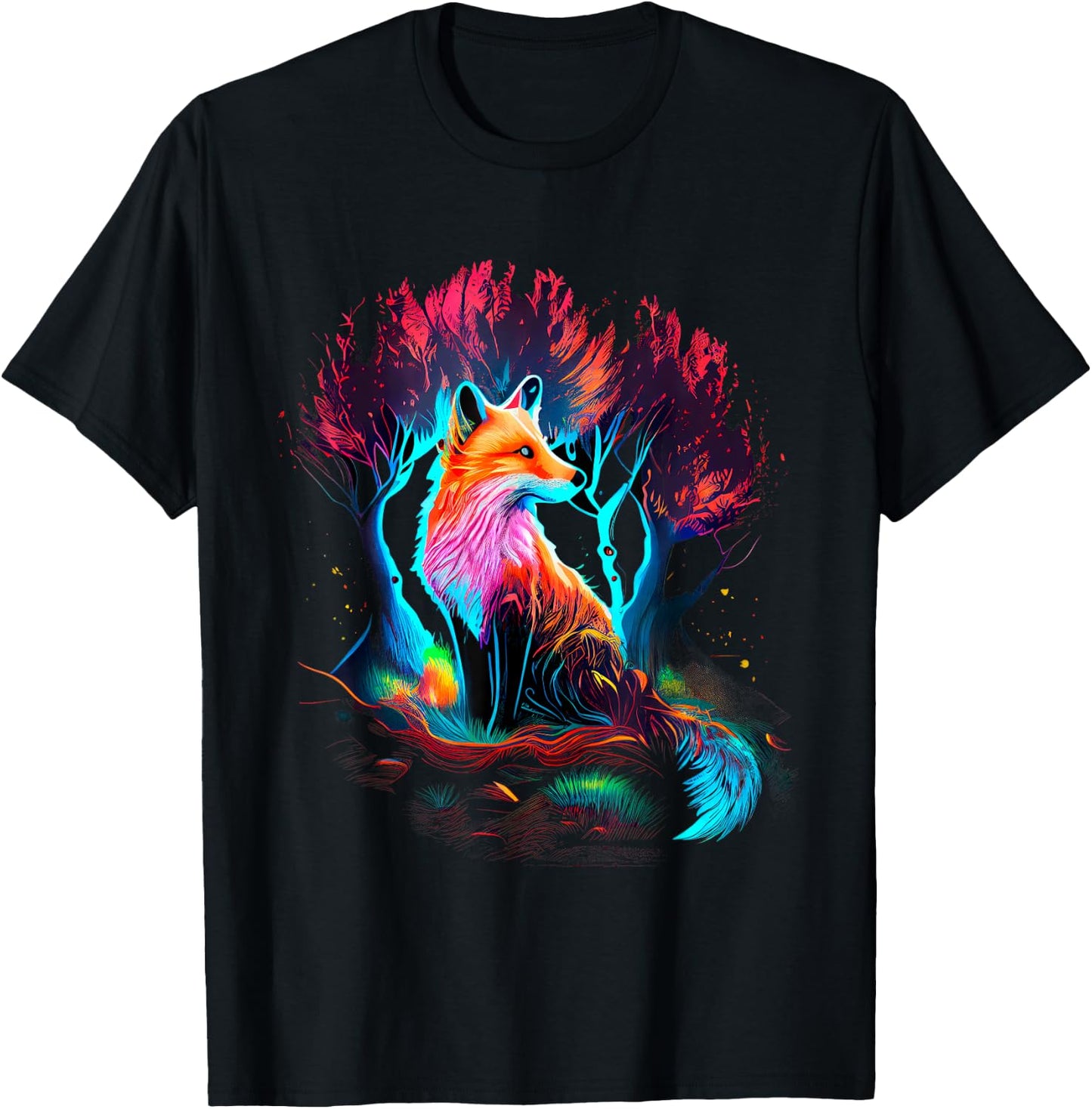 Vibrant Fox Among Colorful Forest Trees T-Shirt - T-Shirt | Black