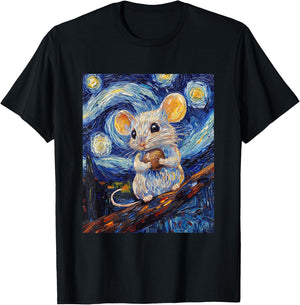 Cute Mouse Rat - Van Gogh Style - Starry Night Graphic T-Shirt - T-Shirt | Black